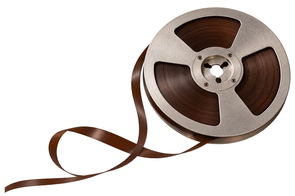 Illustrated aluminium reel with a loose ribbon of brown magnetic tape