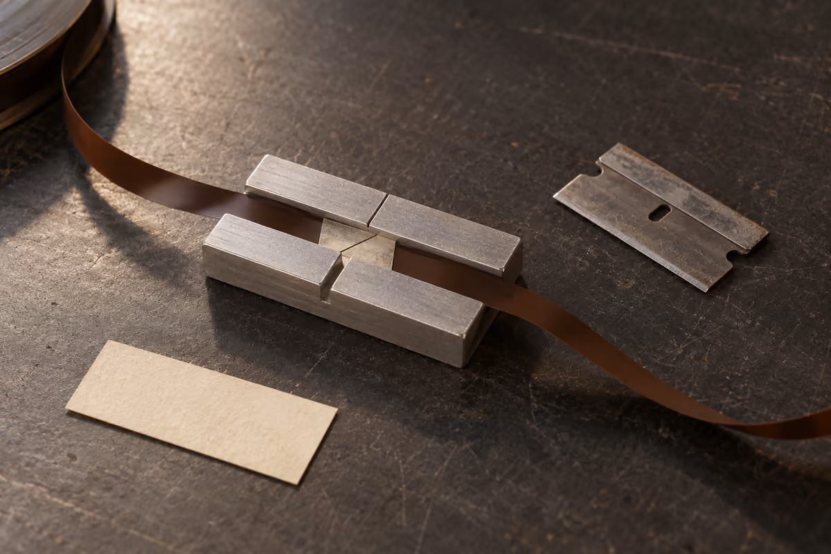 Illustrated tape and cutting tool on a metal splice bench
